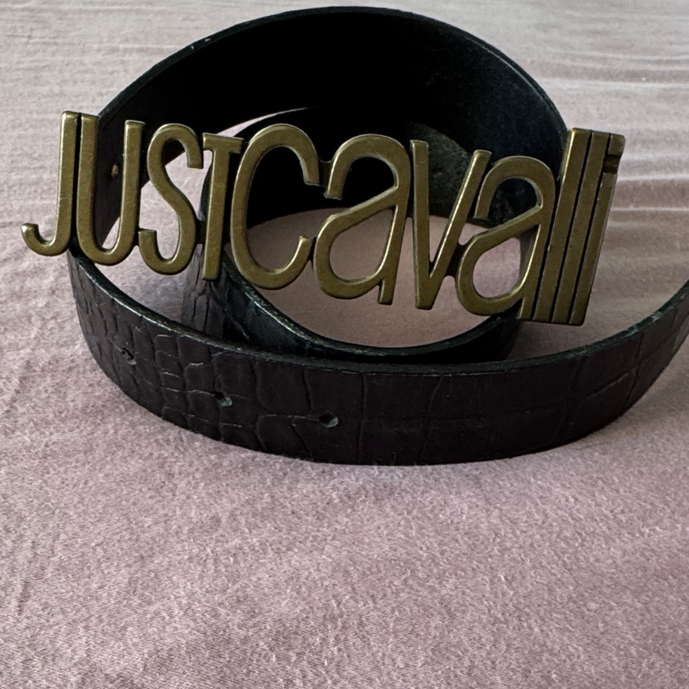 Just Cavalli Black Croc-Embossed Belt with Gold Logo Buckle